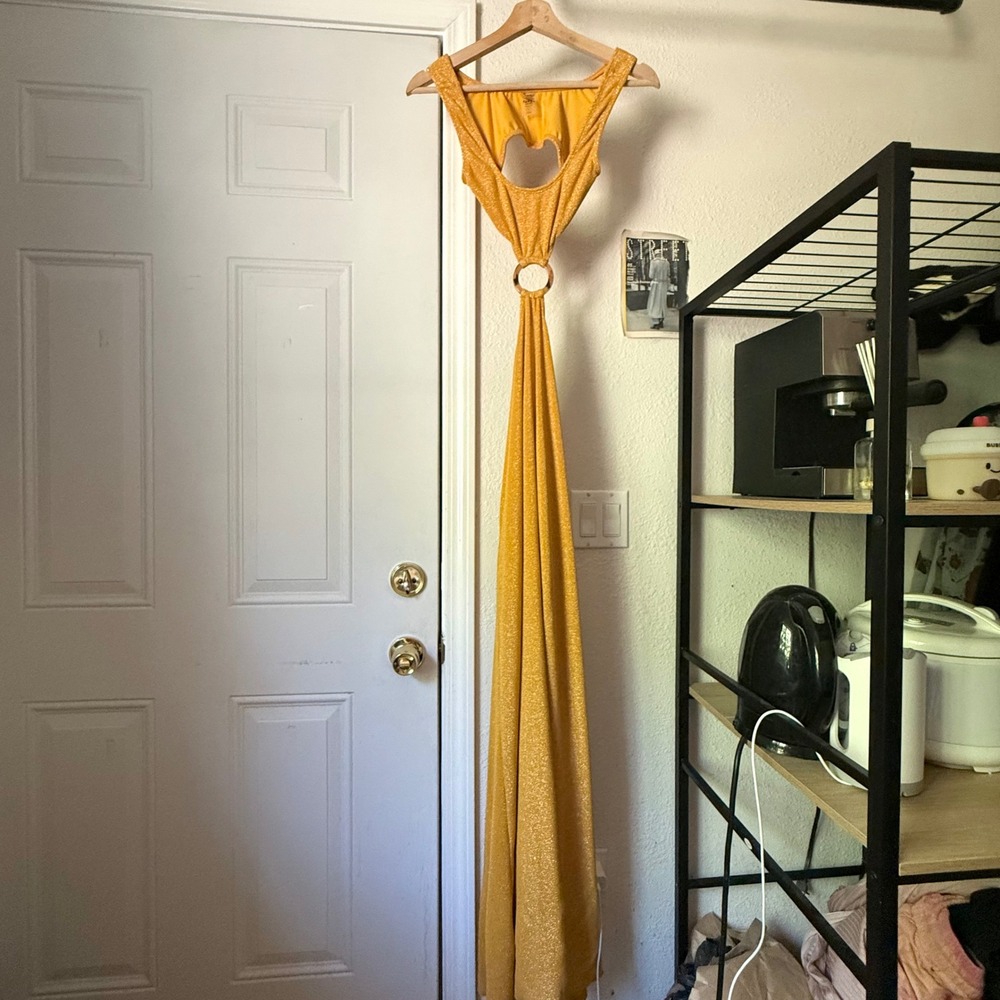 MONTCE mustard gold glitter o-ring cutout knit maxi dress